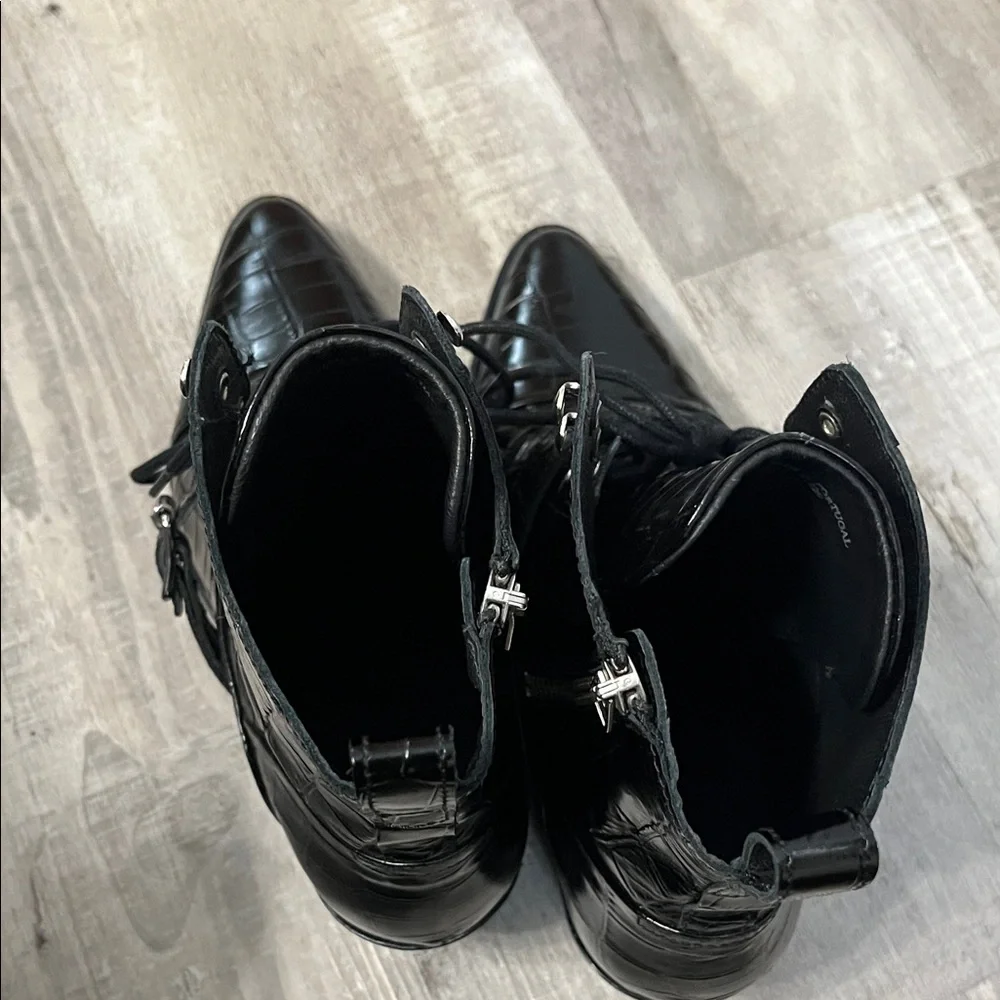 All Saints Black Croc-Embossed Patent Leather Lace-Up Ankle Boots - Picture 8 of 8